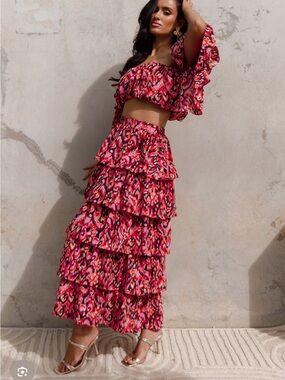 Tiered Pink Abstract Pattern Maxi Skirt - Women
